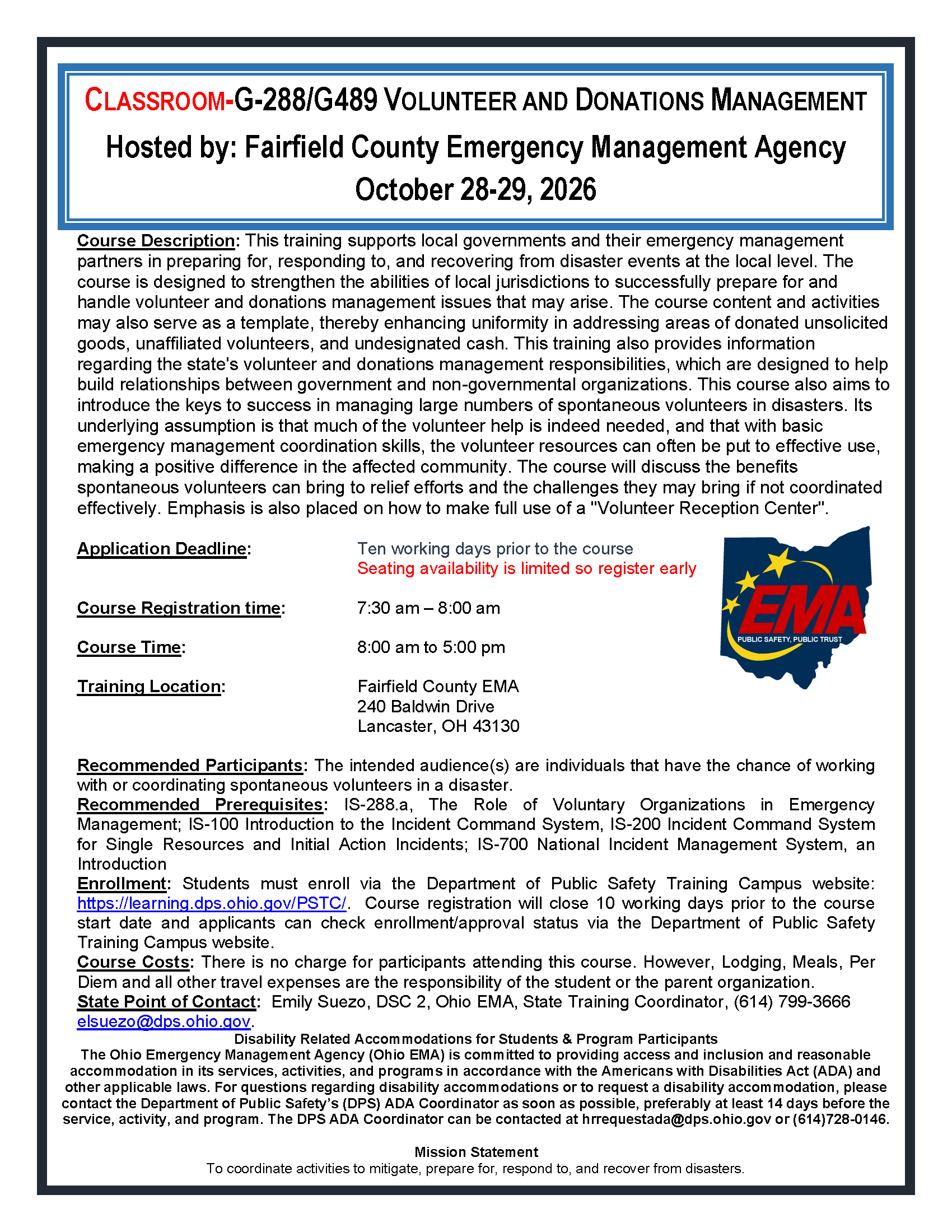 Flyer for class with details all listed in page text for the Volunteer and donations management
